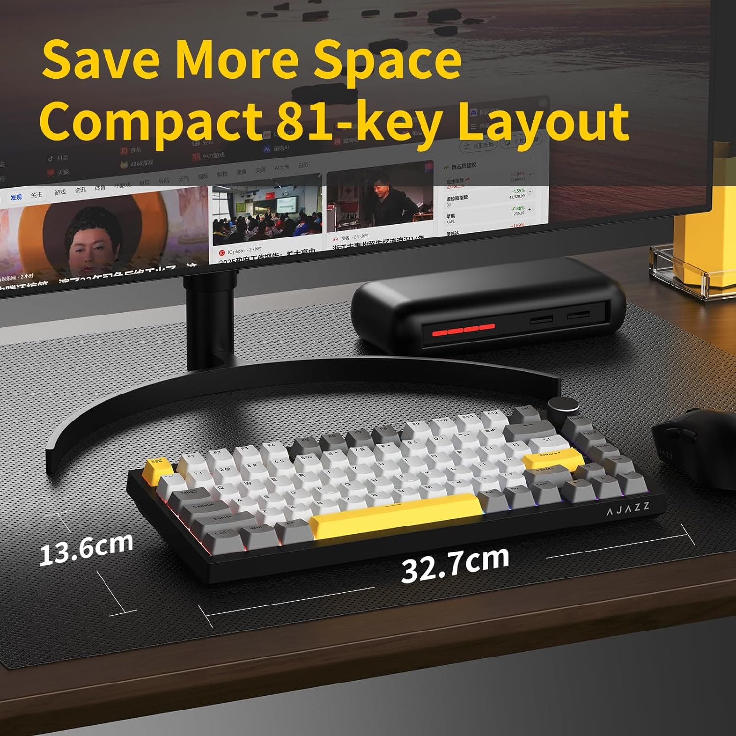 AJAZZ AK820 75% Wired RGB Gasket Mechanical Keyboard with Volume Knob, South Facing LED, 82 Keys, PBT Keycaps, Custom Programmable Hot-Swap Keyboard, Grey White Yellow image number 1
