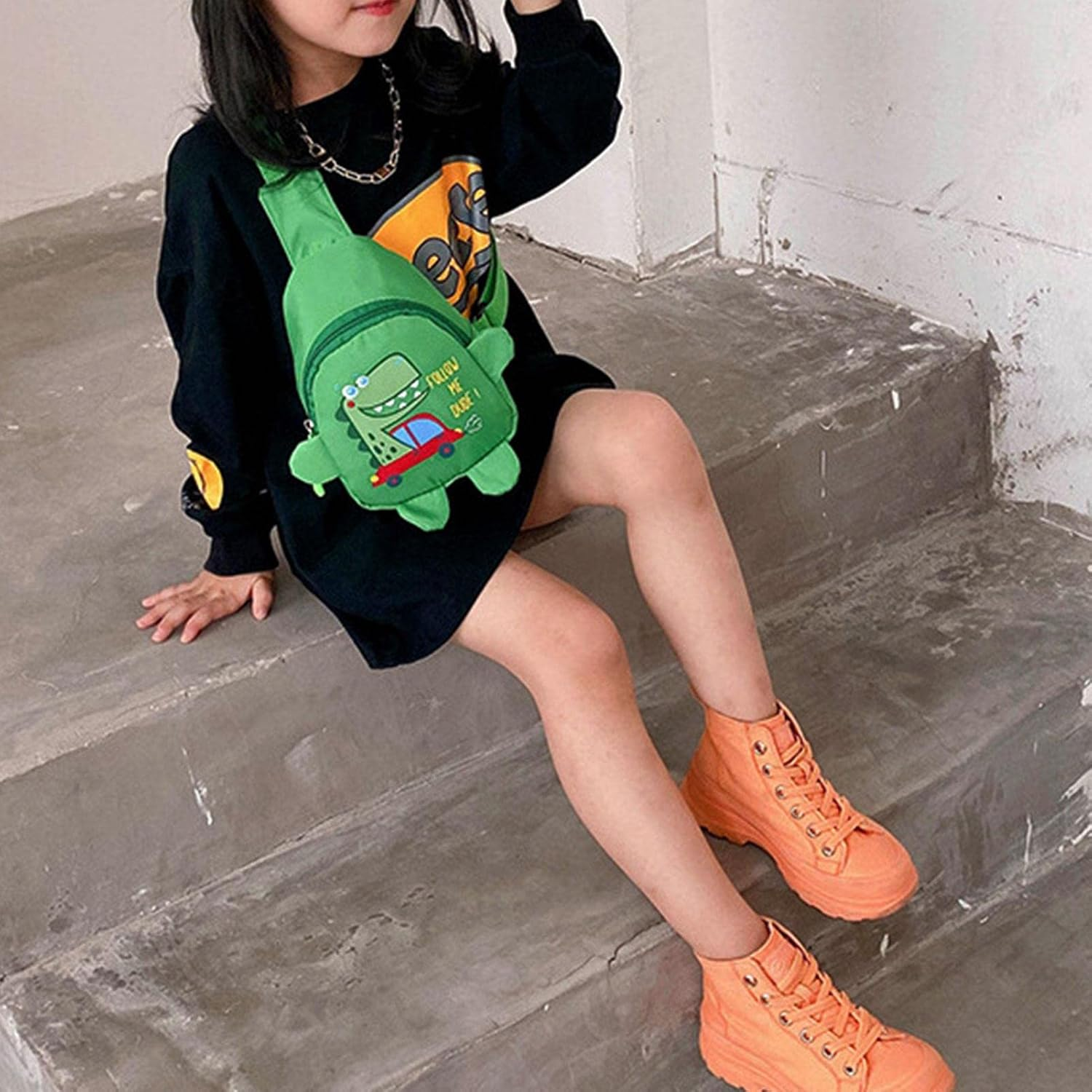 Backpack for Kids - Cute Dinosaur Cartoon Chest Bag | Water Proof Bag Back with Adjustable Strap for Kids Snacks Yyss - 3 Pcs Green image number 5