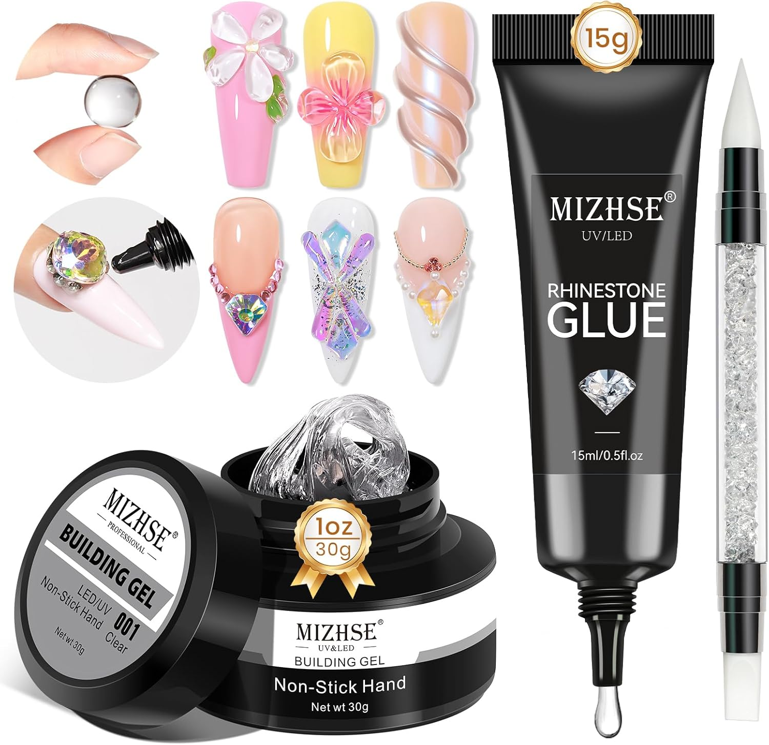 MIZHSE 30G Solid Builder Gel for Nails and 15G Rhinestone Glue for Nails, Clear Nail Builder Gel Hard Gel for Nails 3D Nail Sculpting Gel Non-Sticky U V LED Nail Charm Glue Nail Art Salon Home DIY image number 5