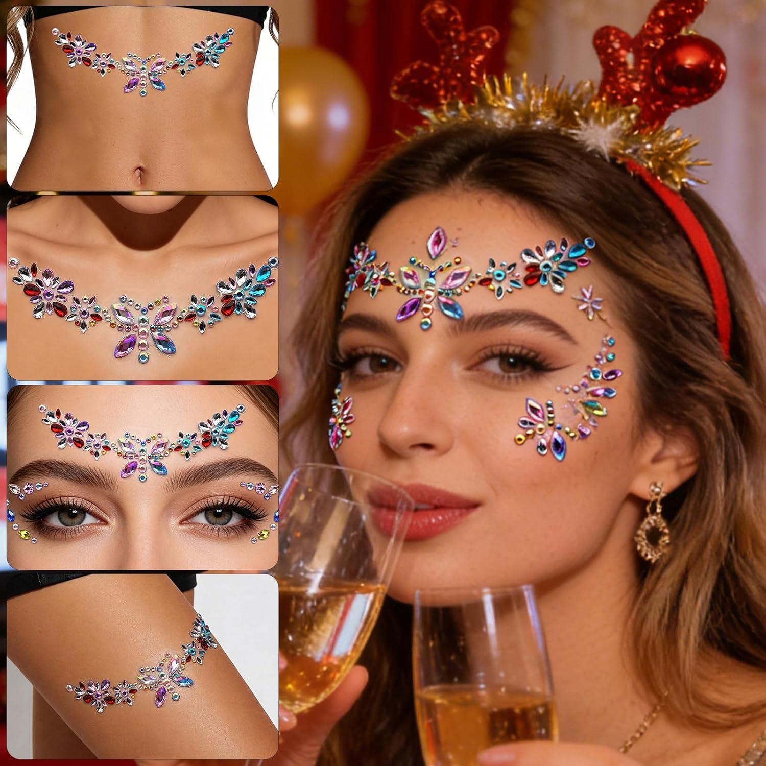 Pack of 6 Face Stick-Ons & Nail Stick-Ons, Rhinestone Glitter for the Eyes, Temporary Tattoos for the Face, Sticks-Ons for Music Festivals, Rave Parties, Halloween, Christmas, Birthdays, Carnival image number 2