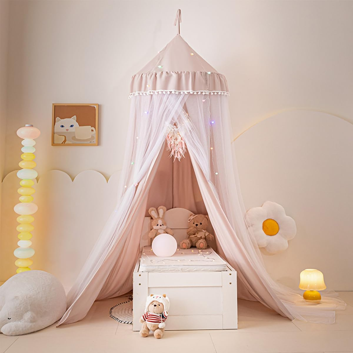 Bed Canopy for Kids Room, Double Layer Mosquito Net with Lights Hanging Play Tent Child Reading Nook round Dome Canopies Princess Castle Dreamy Bedding for Crib Girls Room House D&eacute;cor