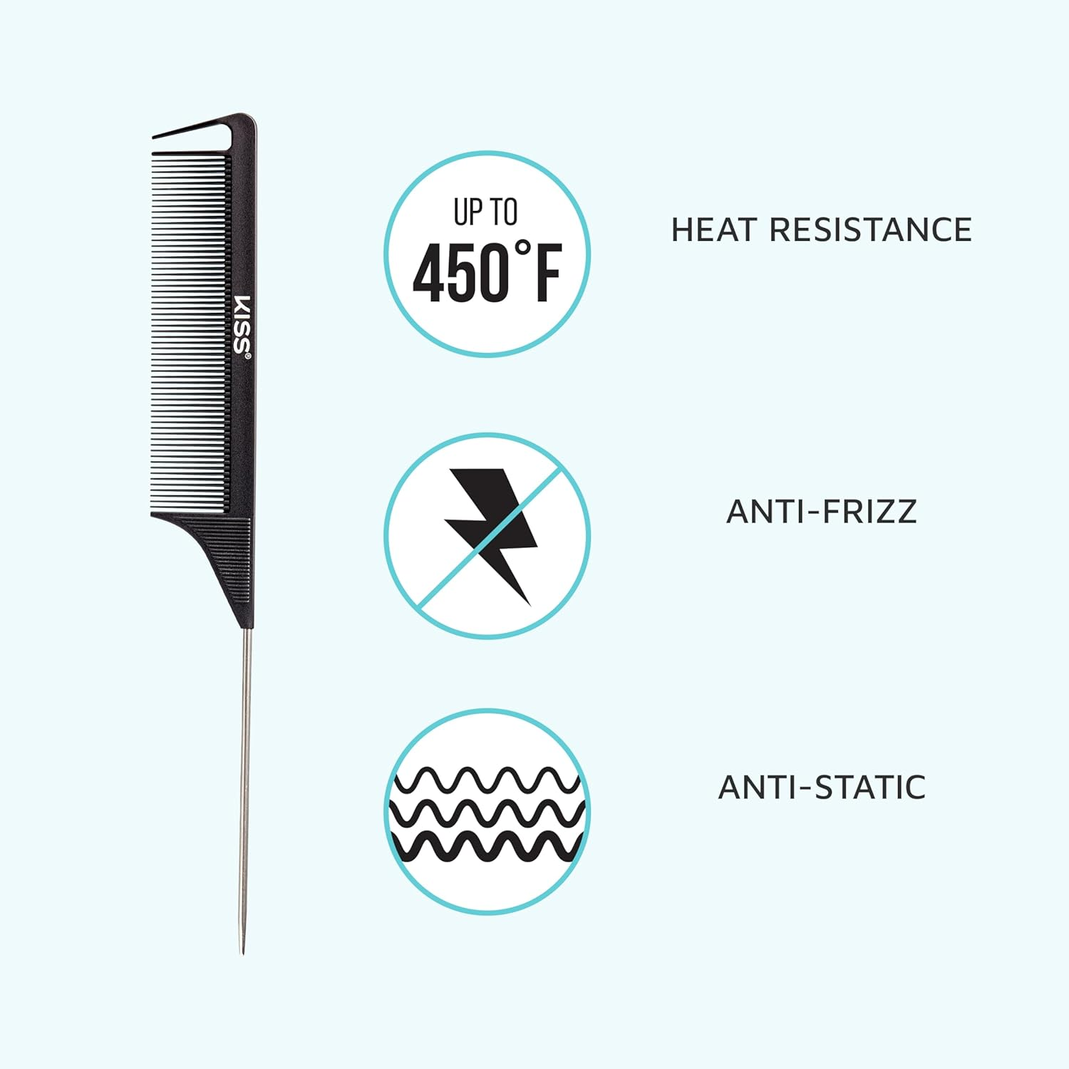 KISS Colors & Care Professional Pin Tail Parting Comb for Sectioning, Teasing, Detangling, Grooming, General Styling - anti Static & Heat Resistant for All Hair Types Black image number 4