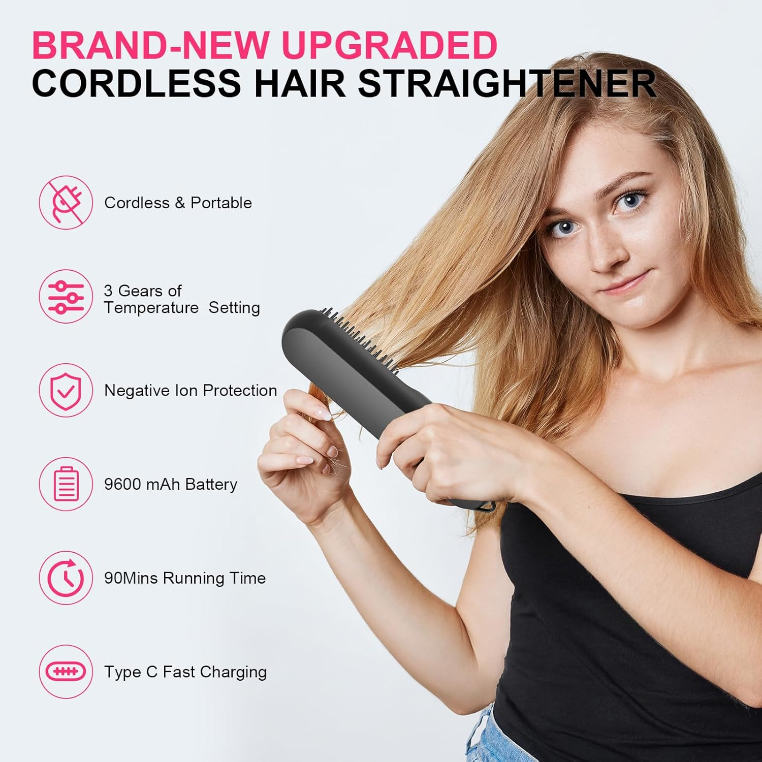 Kieacos Hair Straightener Brush, 90 Mins Cordless Hair Straightener 9600Mah Battery, Negative Ions, 3 Temp Setting, Fast Heating, Portable Straightener Brush-Gobrush Pro, Rechargeable Mini Straightener image number 4
