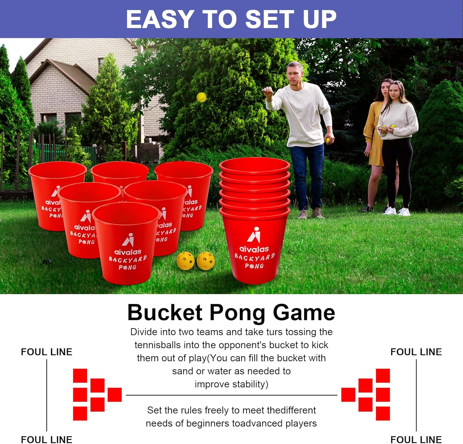 Yard Pong Outdoor Games, Giant Yard Games Set with 12 Buckets and Balls for Adults and Family, Toss Game Throwing Games for Beach, Camping, Lawn and Backyard image number 1