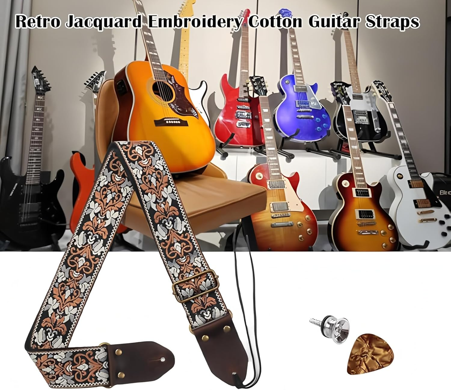 Leather Guitar Strap with Cotton Jacquard Embroidery - Adjustable for Bass/Electric/Acoustic Guitar, Padded Shoulder Support, Includes Strap Locks & Picks image number 2
