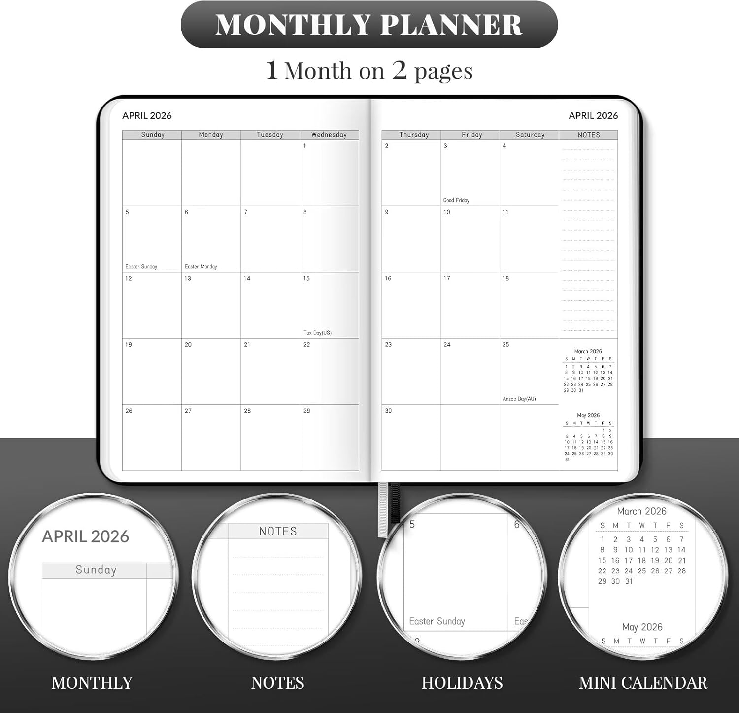 2026 Diary, Weekly and Monthly Planners, Faux Leather Daily Calendar 2026 Planner, 12 Month Agenda from Jan. to Dec., Hardcover Habit Tracker Journal 5.75" X 8.4"(Black) image number 2