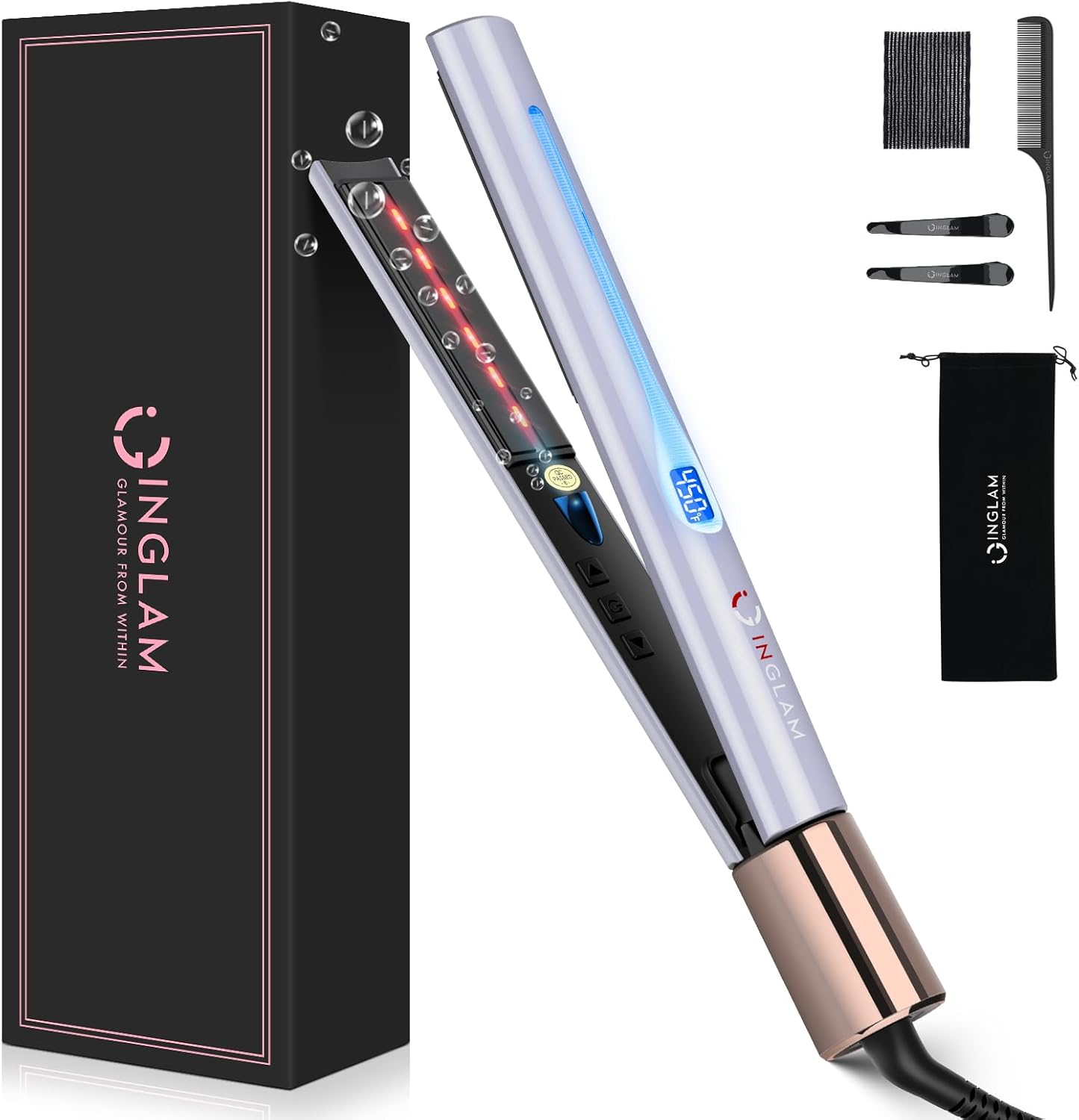 IG INGLAM Titanium Flat Iron Hair Straightener, Curling Iron 1 Inch, Infrared Negative Ionic Hair Straightener 11 Adjust Temp 250&deg;F to 450&deg;F, Shiny Hair Dual Voltage 110-240V, Gift, Purple image number 2