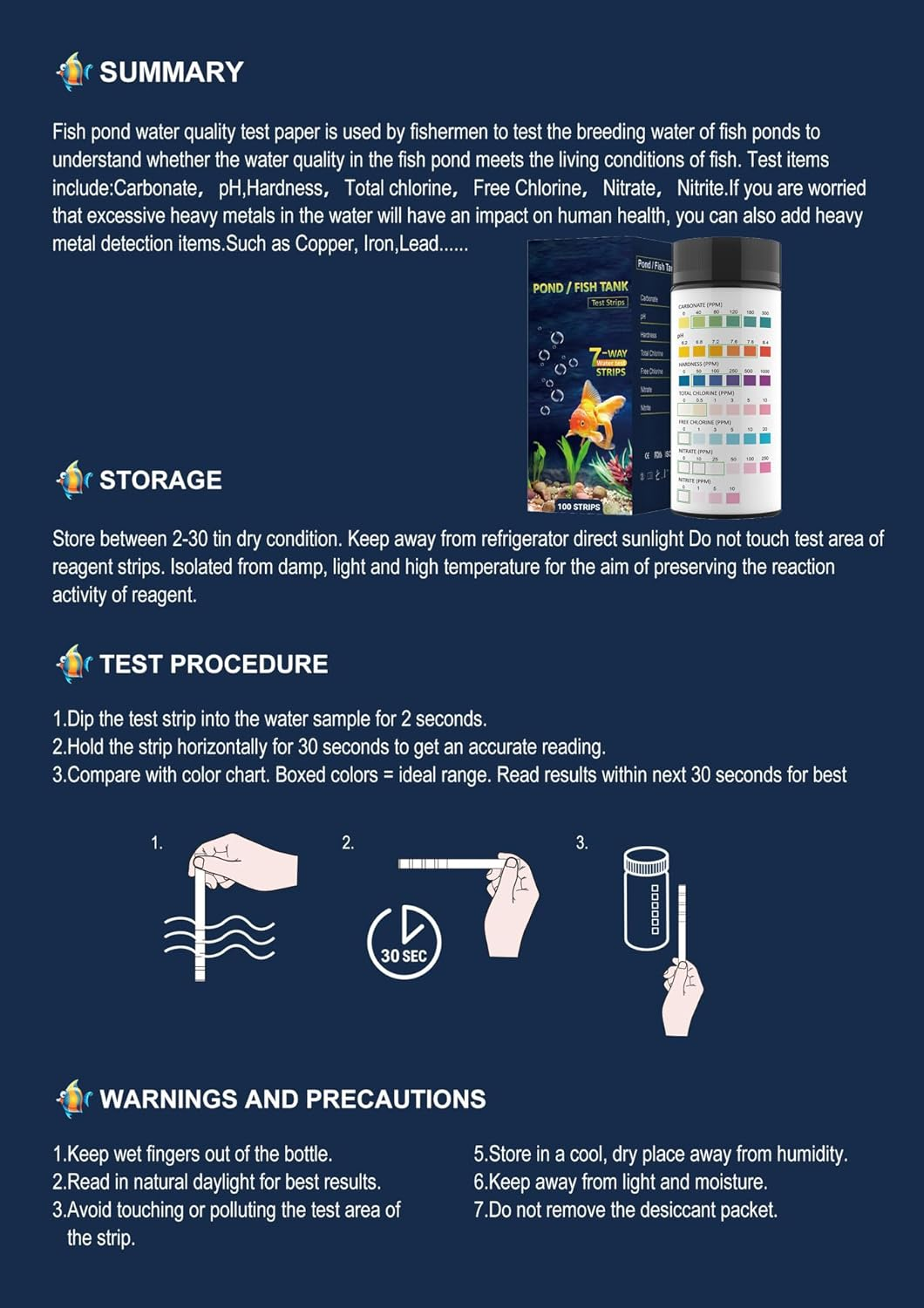 7 in 1 Aquarium Test Strips, 100 Strips Fish Tank Water Quality Test Freshwater Saltwater Test Kit for Test Nitrate, Nitrite, Chlorine, Hardness, Alkalinity, Carbonate, Ph -Aquarium Water Testing image number 3