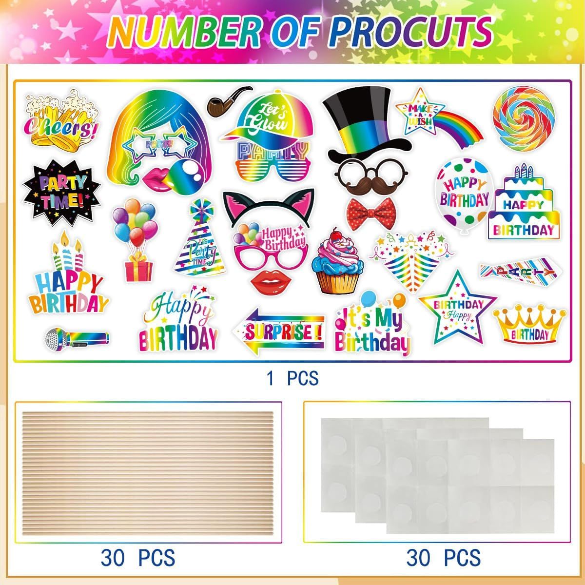 Buziba 30Pcs Birthday Photo Booth Props Kit Happy Birthday Party Favors Funny Birthday Party Supplies Decoration for Men and Women image number 5