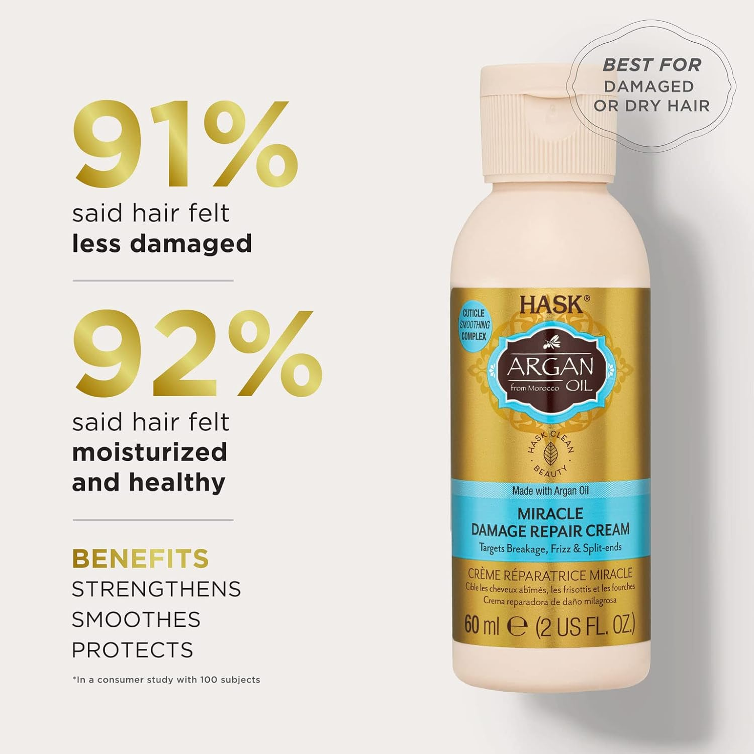 HASK Argan Oil Miracle Damage Repair Cream for All Hair Types, Colour Safe, Gluten-Free, Sulfate-Free, Paraben-Free - 1 60Ml Bottle image number 1