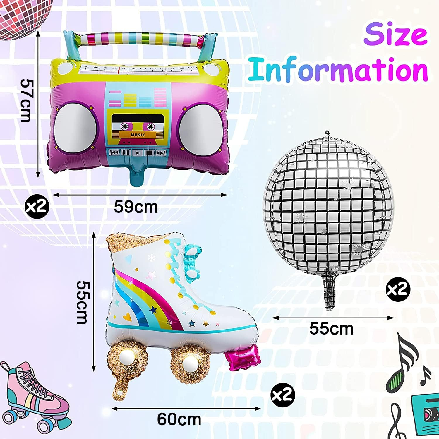 Yamibobo 6 Pcs Rainbow Roller Skate Boom Box Balloon 22 Inch Disco Foil Balloons 80S 90S Retro Theme Party Balloons for Wedding Anniversary Hip Hop Theme Party Supplies image number 6