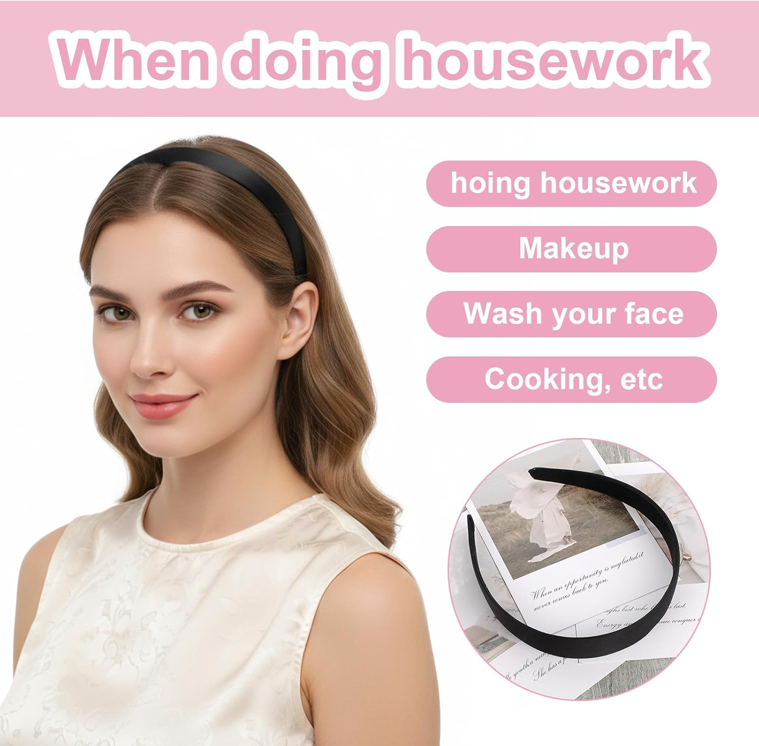 2Pcs Black Headband: Satin Black Headband for Women Girls, Plain Wide Hair Band Hoops, Fashion Elastic Solid Hairband Accessories,Anti-Slip Solid Headbands Soft Simple Hair Bands for DIY Craft Cosplay image number 5