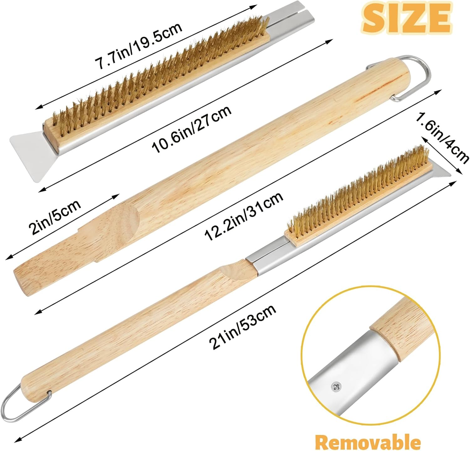 21'' Pizza Oven Brush with Scraper, Brass Bristles Pizza Stone Cleaning Brush with Wooden Long Handle Hanging Ring for Oven Pizza Accessories Outdoor (Copper Wire Brush)