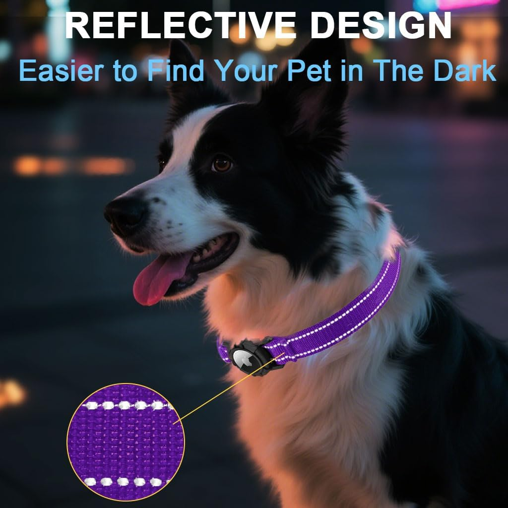 LZXLXS Airtag Dog Collar with Waterproof Air Tag Holder, Integrated Reflective Pet Collar with Soft Padding, Adjustable Nylon Collar for Small Medium Large Dogs, Purple,M (14.5"-19.7") image number 4