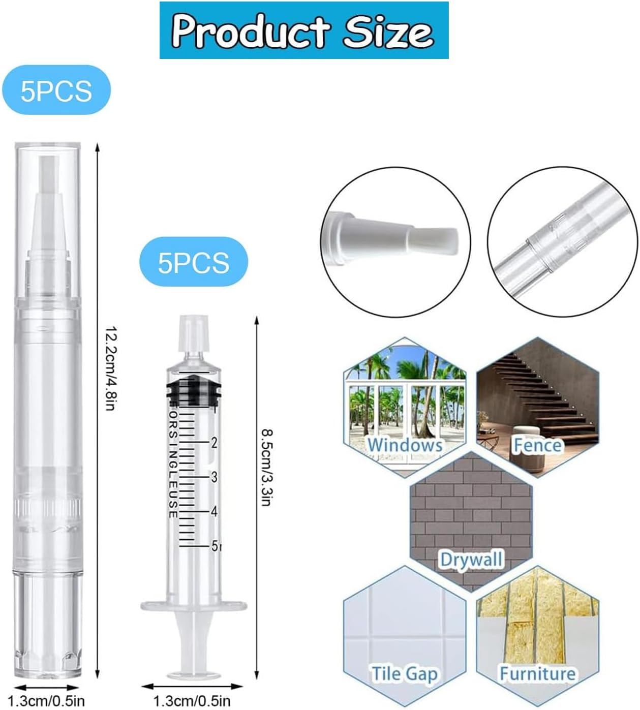 Touch up Paint Pen, 5 Pcs Pen with 5 Pcs Touchup Syringe, House Drywall Repair Brush Kit, Refillable for Windows, Wall, Wood Floors, Furniture, Cabinets, Doors image number 2