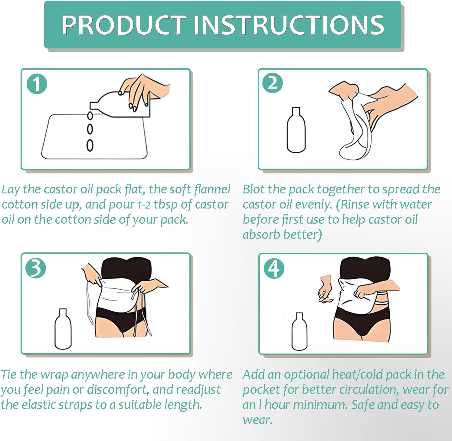 4 Pcs Castor Oil Wrap Pack with Storage Bag, Reusable Washable Castor Oil Pack Set with Adjustable Tape Castor Oil Packs for Liver Detox Relax for Women and Men, Gray (Khaki) image number 6