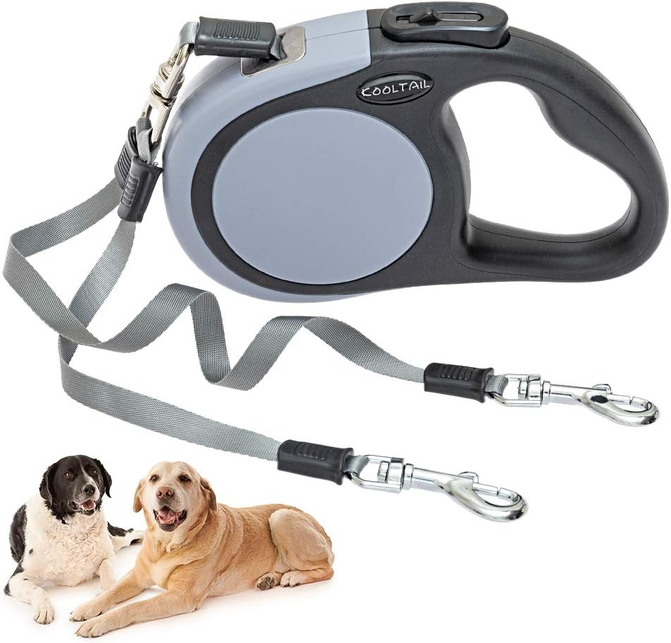 KOOLTAIL Dual Retractable Dog Leash for Two Dogs up to 110 Lbs, Heavy Duty Double Headed 16 Ft Flexi Extendable 360&deg; Tangle-Free One Button & Lock Brake Dog Leash for Small Medium Large Dogs Grey