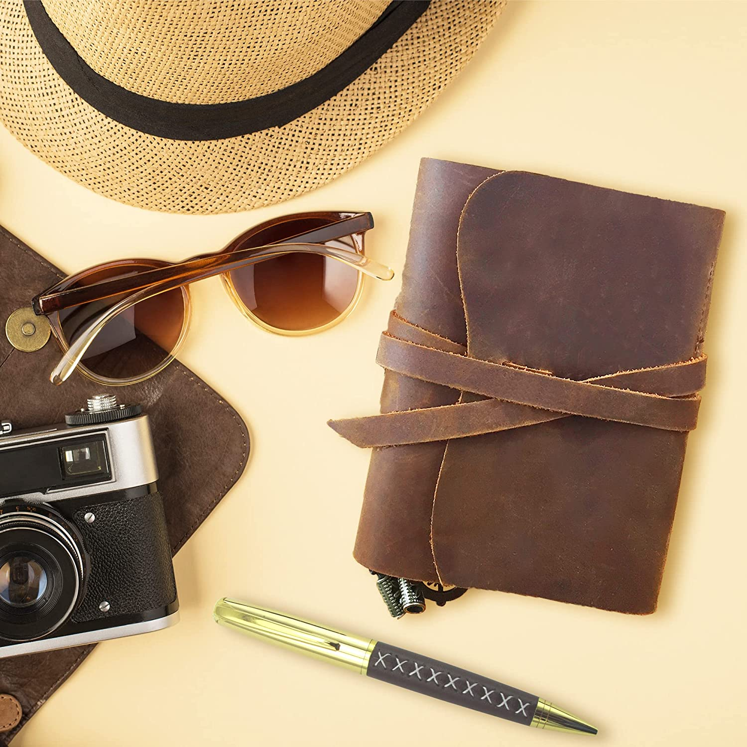 Small Pocket Refillable Travellers Notebook Handmade Leather Journal AMAZING BUNDLE Vintage Antique Genuine Leather Travel Diary for Men Women Students TN + Pen Zip Bag Notes Sketching Drawing 14X11Cm image number 5