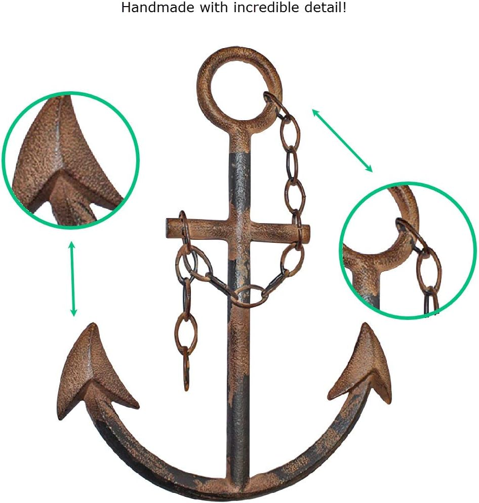Large 16" Cast Iron Metal Anchor Wall Decor with Chain | Nautical Boat Anchor Farmhouse Home Beach Tropical Aquatic Ocean Lake House Decor (Rustic) image number 2