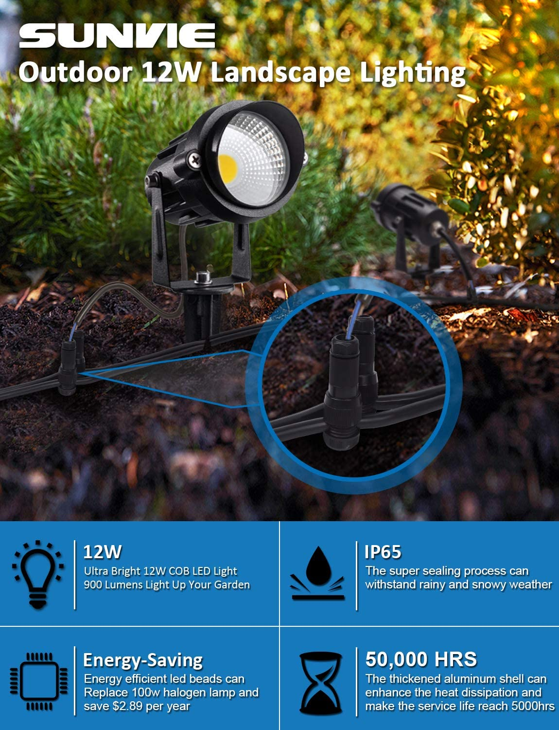 SUNVIE 12W Low Voltage LED Landscape Lights with Connectors, Outdoor 12V Super Warm White (900LM) Waterproof Garden Pathway Lights Wall Tree Flag Spotlights with Spike Stand (10 Pack with Connector) image number 5