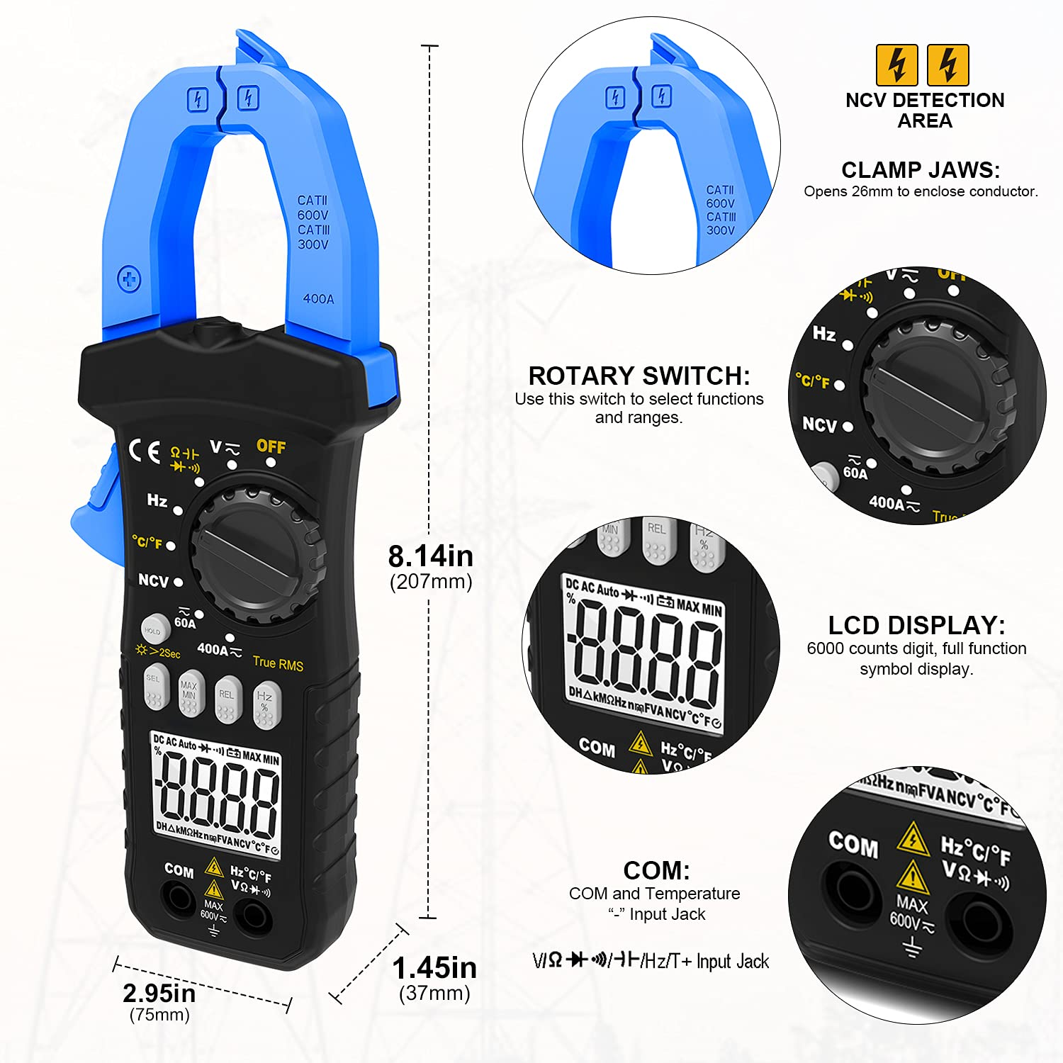Digital Clamp Meter, HOLDPEAK 7200-APP AC/DC Amp Clamp Meter 6000 Counts Auto-Ranging Bluetooth Multimeter for Volt, Amps, Ohm, Temp, Frequency, TRMS Clamp Meter Multimeter for Home, Circuit Detection - Hp-7200-App(With Ncv Function) image number 5