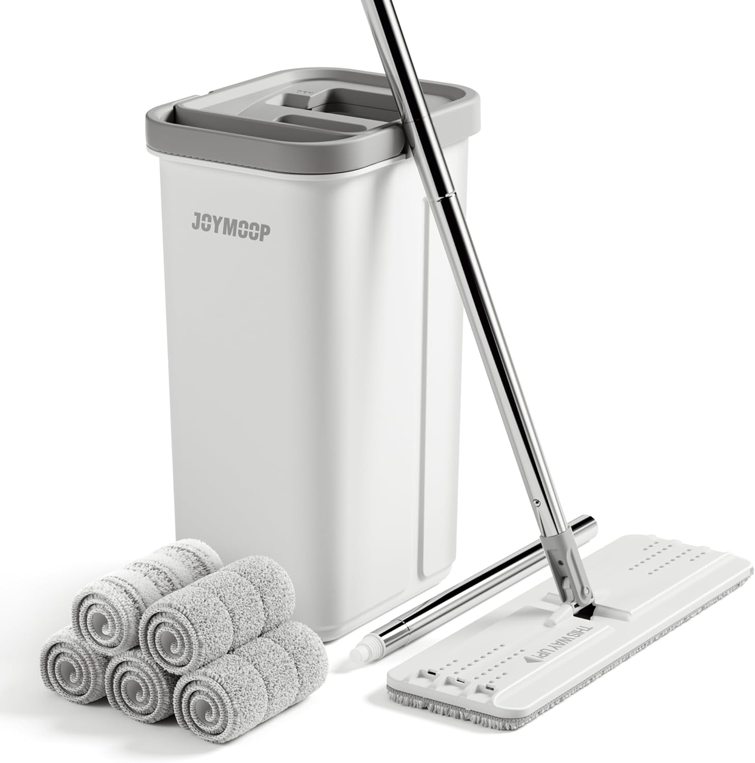 JOYMOOP Mop and Bucket Set, White Flat Mop and Bucket with Wringer Set for Home Floor Cleaning, Microfiber Mopper with Flat Head with 5 Microfiber Cloths image number 1