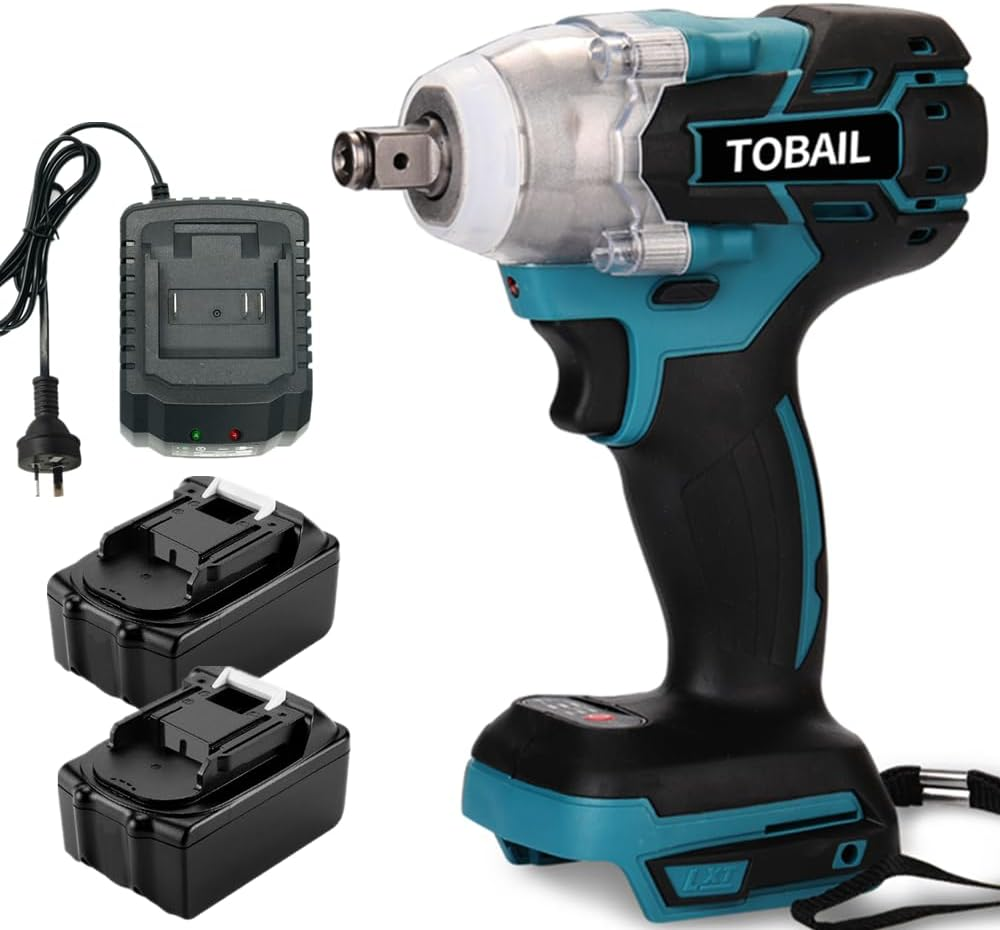 TOBAIL Cordless Electric Impact Wrench 1/2 Inch for Car Home, 520N.M Brushless, 3000RPM High Torque Gun W/ 2X 3.0Ah Battery,Charger