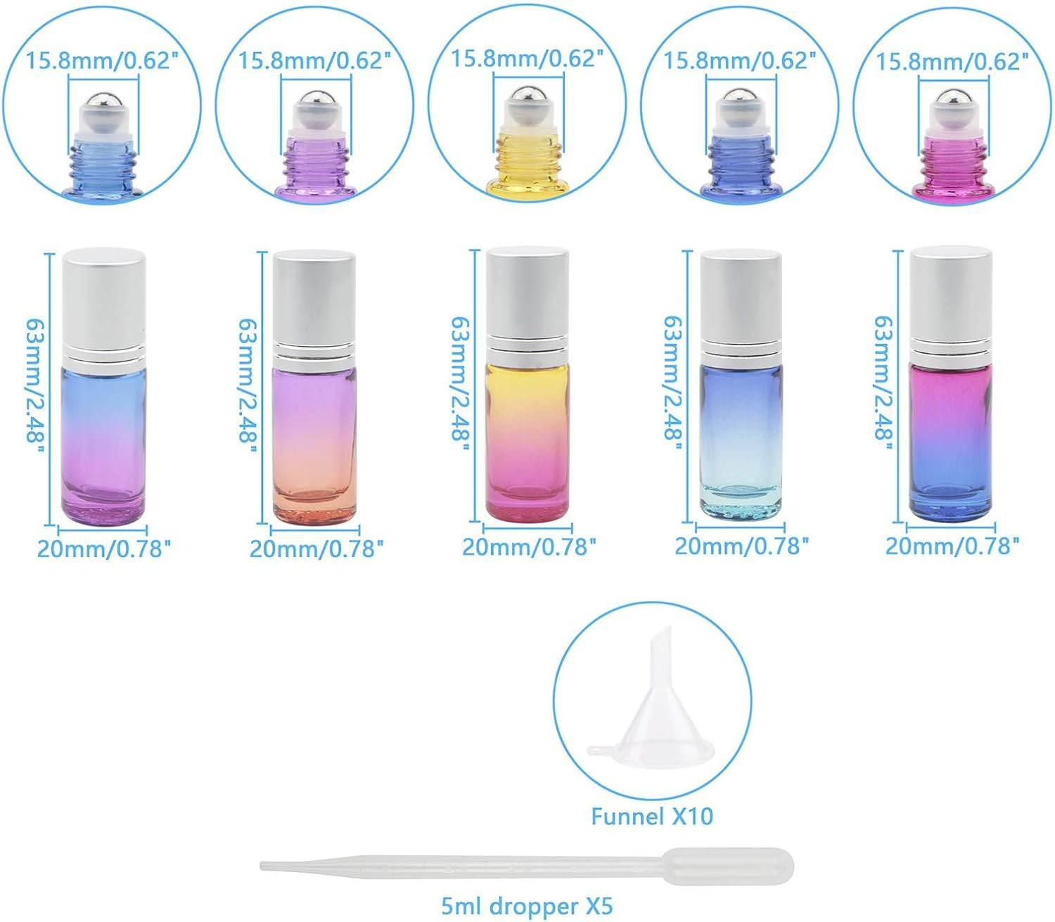 Newzoll 26Pcs Essential Oil Roller Bottles Set, 5Ml Roller Bottles with 5Ml Droppers, Funnels & Opener, Glass Roll-On Bottles for Perfumes Aromatherapy Oils Liquid image number 2