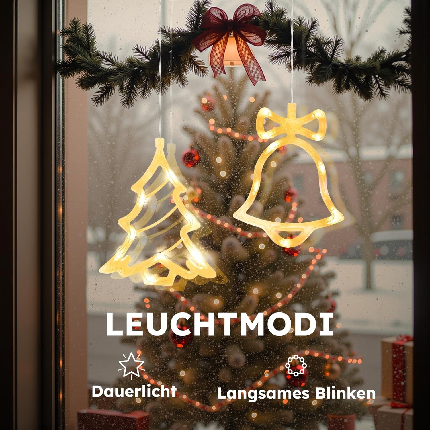 LEDYA Christmas Window Lights, Pack of 2 Bell & Christmas Tree, Warm White Fairy Lights, Battery Operated with Suction Cup & Timer, Window Fairy Lights for Christmas Decoration, Party, Wedding image number 3