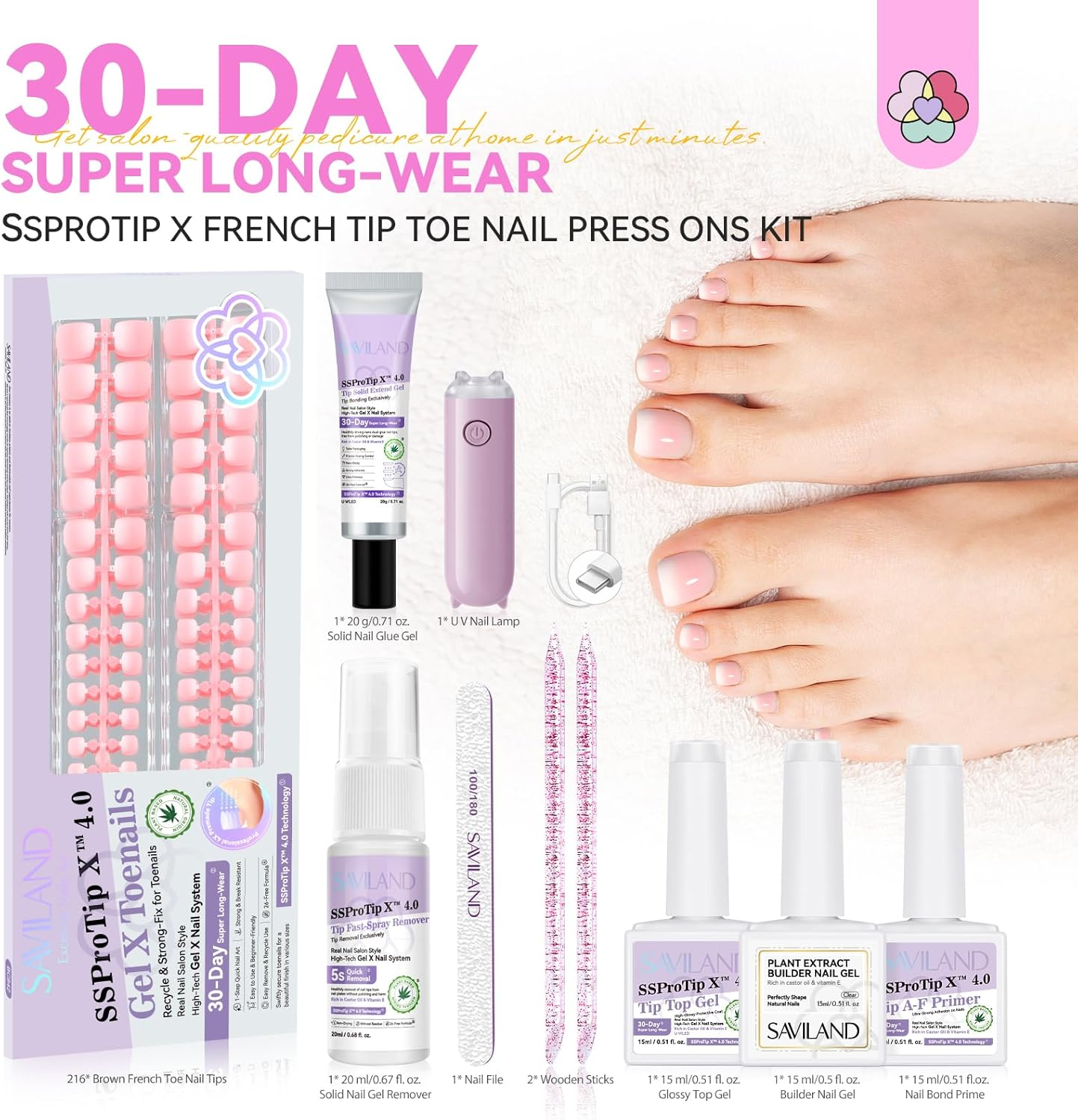 SAVILAND Toe Nail Press Ons Kit All-In-1: 216 PCS Ombre Press on Toenails Sturdy-Fit Pink White Toe Nail Press Ons Thicker Toe Nail Tips Solid Nail Glue Gel U V Lamp for Toe Nail Extensions 18 Sizes image number 6