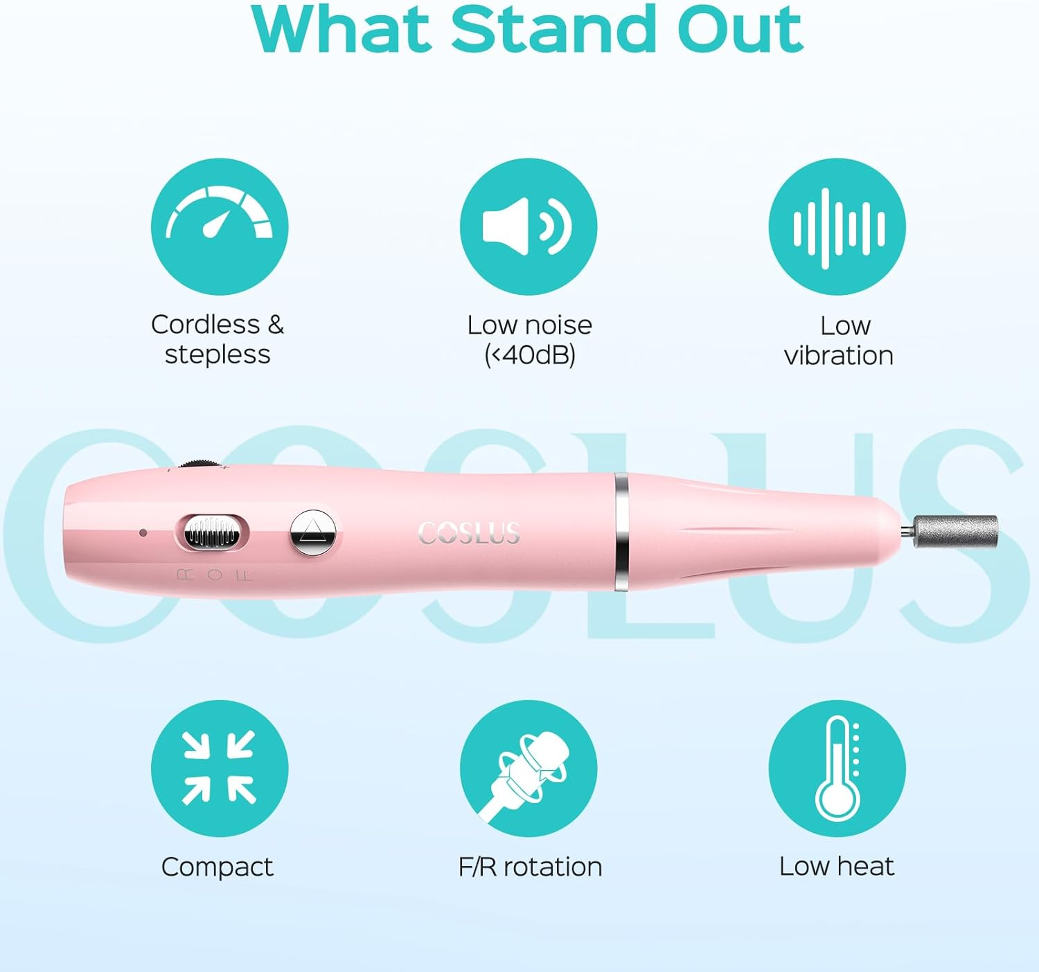COSLUS Cordless Electric Nail Drill File: Nail Drill Machine with Stepless Speed Knob for Acrylic Gel Dip Powder Polish, Professional Portable Manicure Pedicure Rechargeable for Home Salon Use Pink - Purple image number 5