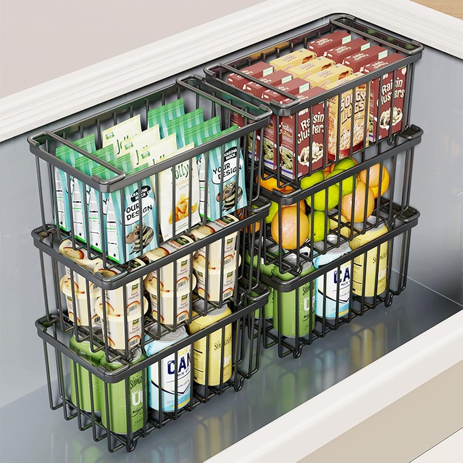 Freezer Organizer Bins, 6 Pack Stackable Deep Chest Freezer Organizer Bins with Folding Handles, Metal Freezer Storage Baskets, Ft Deep Freezer Storage, Increased Space for Food Storage (White)