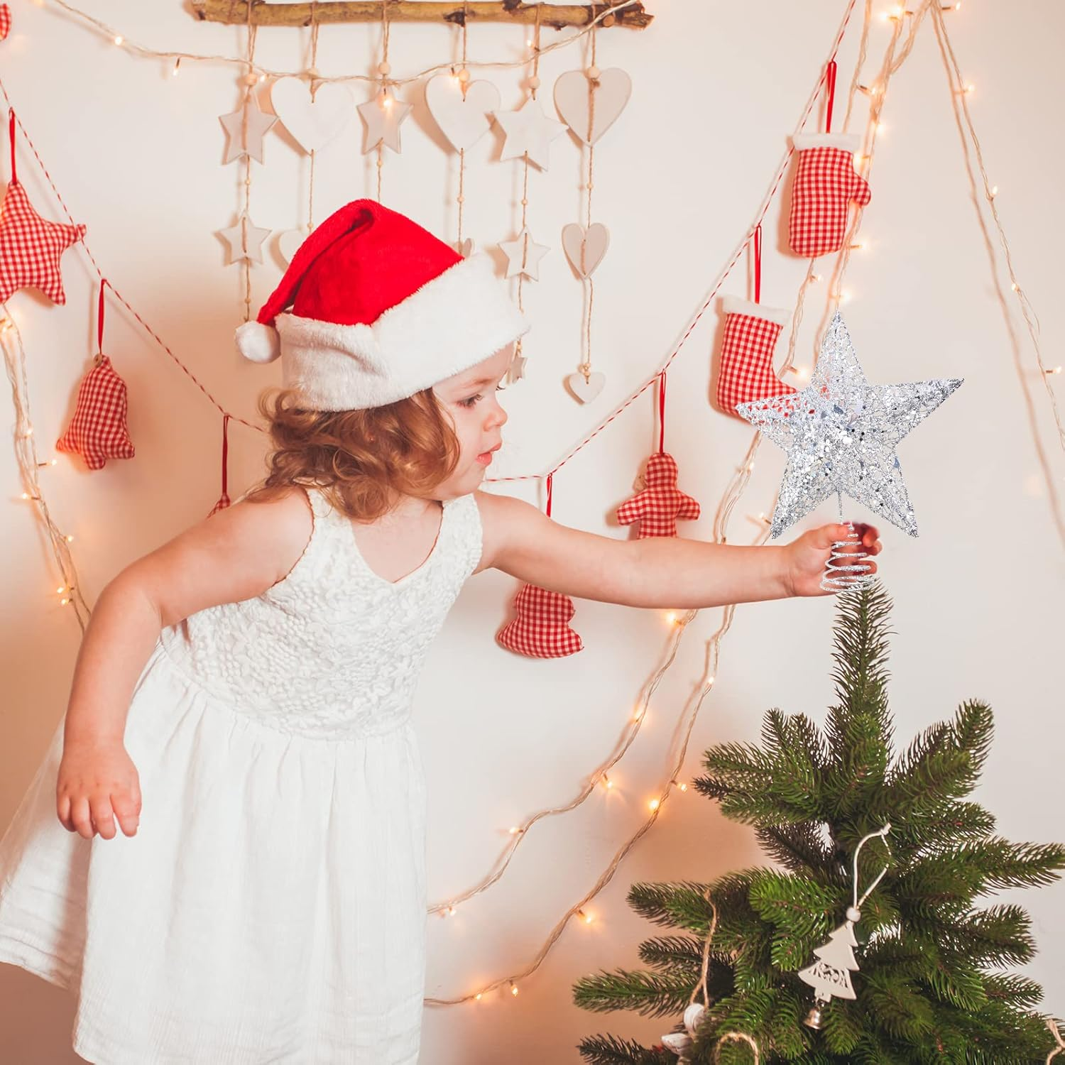 Silver Star Christmas Tree Topper Star for Christmas Tree Metal Xmas Tree Topper for Christmas Decorations Ornaments H 20Cm/8Inch W 15Cm/6Inch