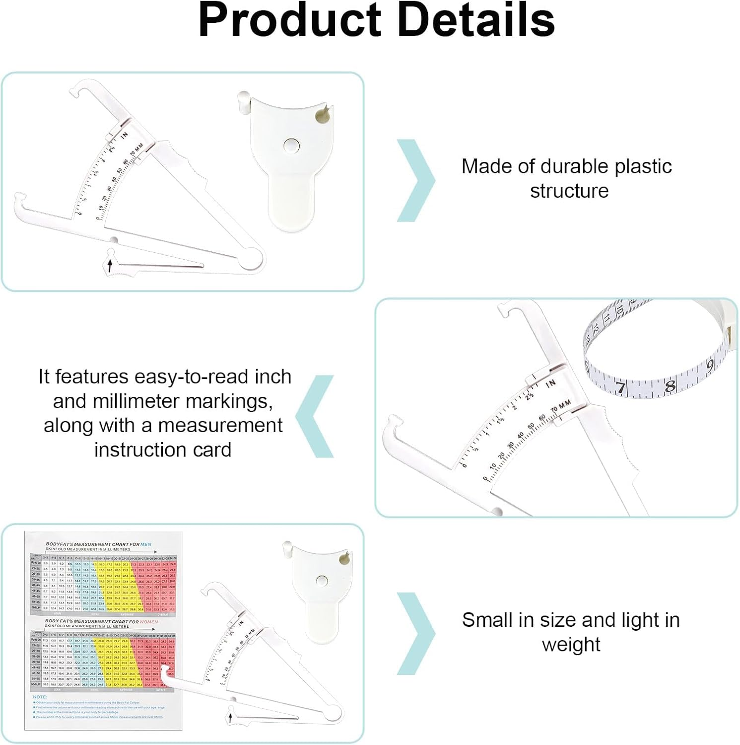2 PCS Body Fat Caliper and Measuring Tape Sets for Body, Skinfold Calipers and Body Fat Tape Measure Tool for Accurately Measuring BMI Skin Fold Fitness and Weight-Loss, 2025 Upgraded Design (White) image number 2