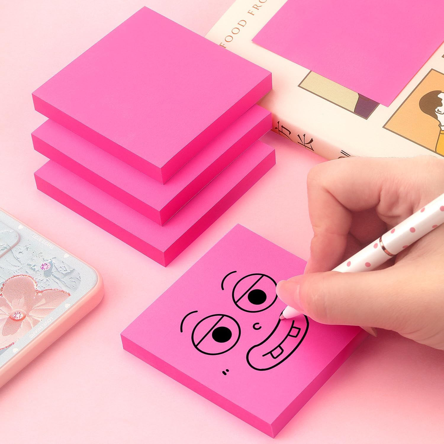 Sticky Notes 3X3 Pop up Self-Stick Notes Pads with Bright Colors, Easy to Post for Office, School, Home, 4 Pads/Pack, 90 Sheets/Pad (Rose Red)