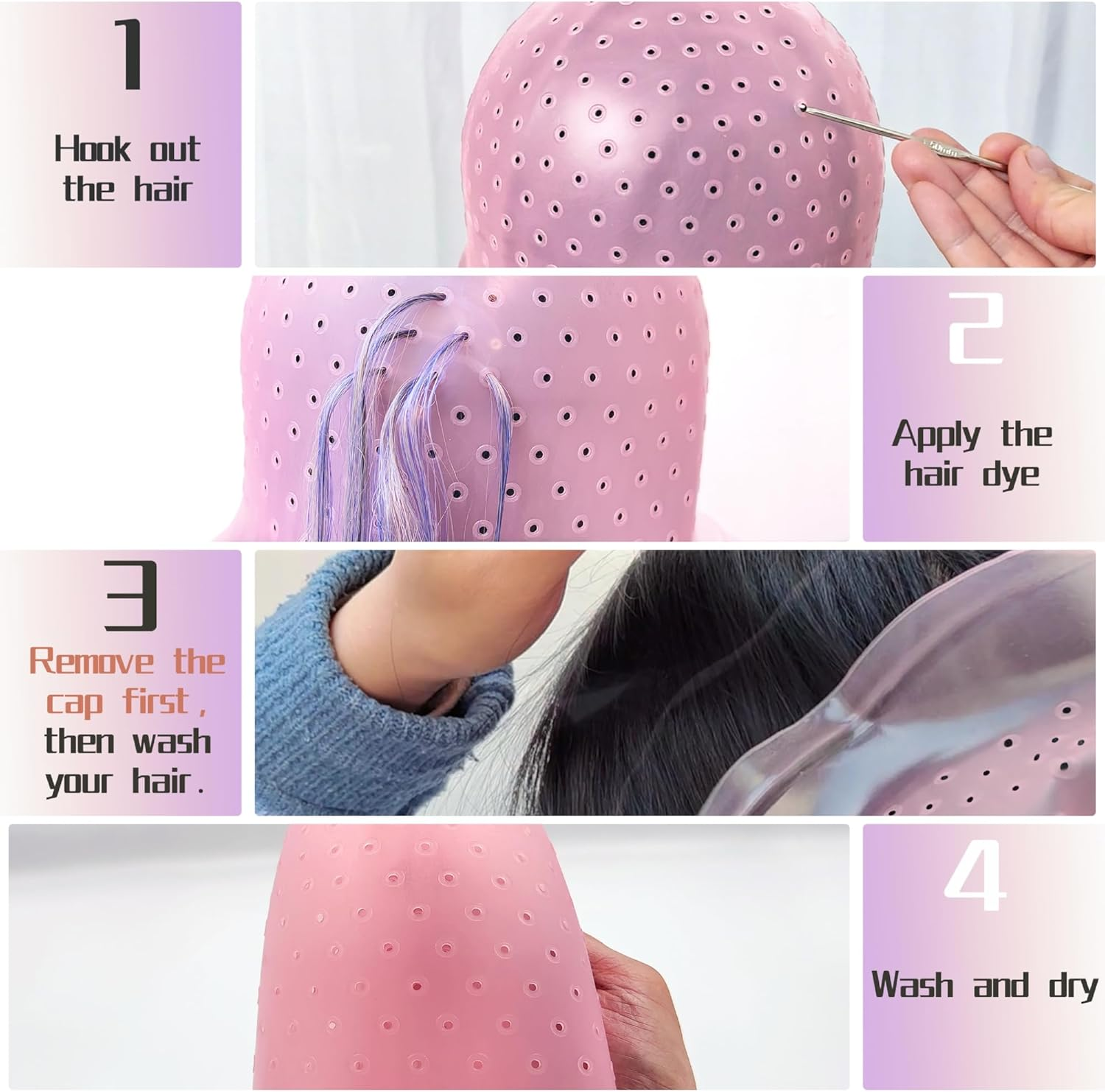 Pre Punched Holes Silicone Highlighting Cap Hair Color Kit Professional Reusable Highlighting Cap with Hook Brushes Set Salon Hairdressing Dyeing Staining Tools for Women Men image number 3