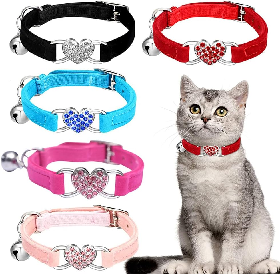 Cat Collar Suede Kitten Pet Safety Elastic Adjustable Bell Heart Bling Purple