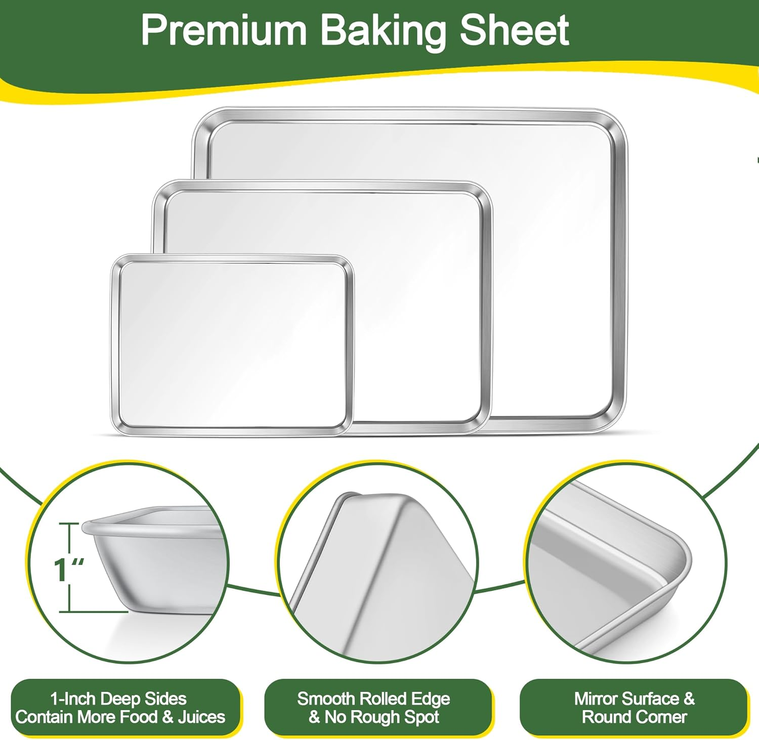 E-Far Baking Pans Set of 3, 16/12.5/9.3 Inch Stainless Steel Cookie Sheet Pan for Oven, Bakeware for Brownie Lasagna Casserole Cake, Non Toxic & Easy Clean image number 3