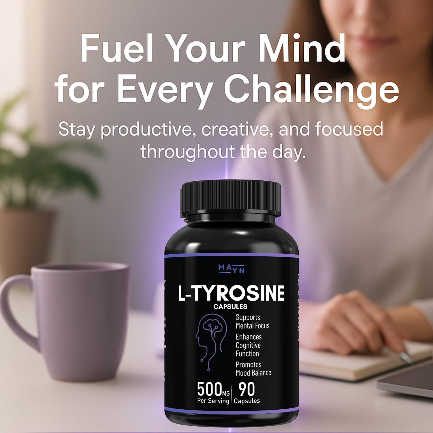 L-Tyrosine 500Mg &ndash; 90 Vegan Capsules | Non-Gmo, Gluten-Free, No Fillers | Dietary Supplement for Adults by MAYN