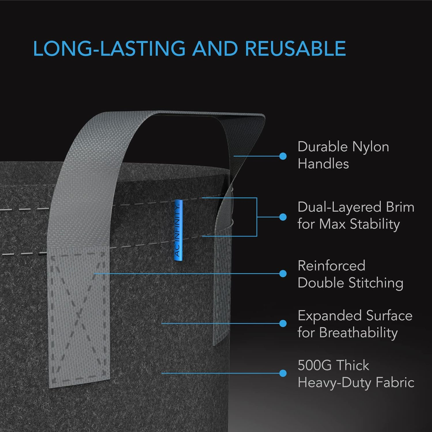 AC Infinity Heavy Duty Fabric Pots, 3 Gallon Aeration Reusable Grow Bags 5-Pack with 500G Thick Nonwoven Fabric and Multi-Purpose Rings, for Low Stress Plant Training Fruits, Vegetables, and Flowers image number 3