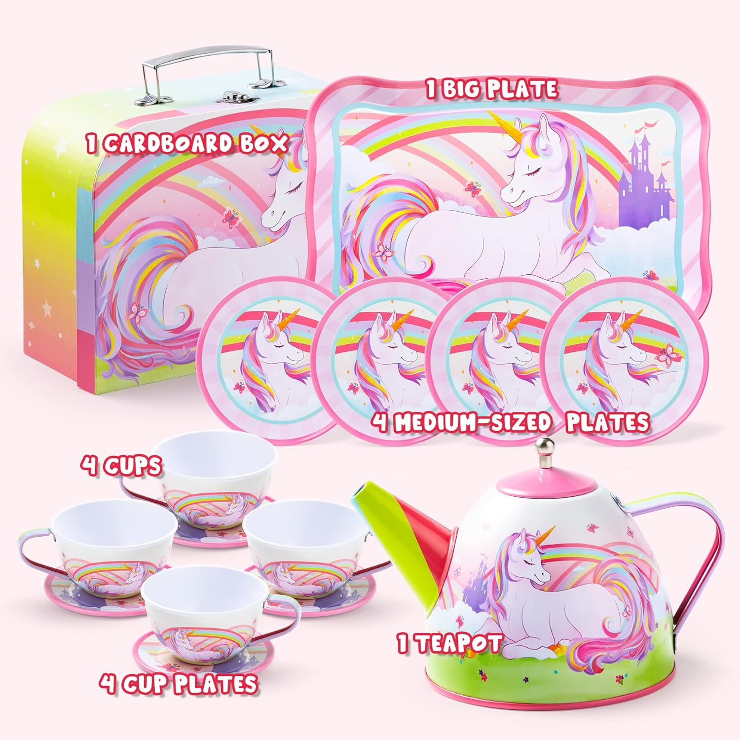 JOYIN Unicorn Castle Pretend Tin Teapot Set for Tea Party and Kids Kitchen Pretend Play image number 3