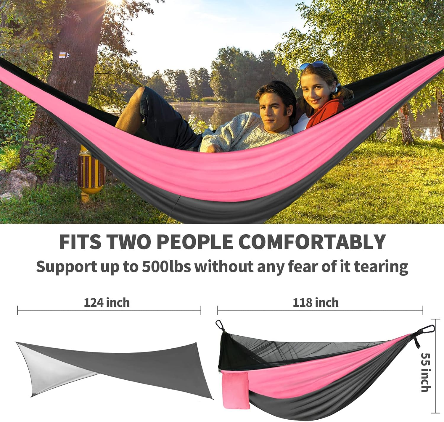 Camping Hammock Pink Grey Hammocks with Mosquito Net Tent and Rain Fly Tarp Portable Single & Double Nylon Parachute Hammock with Heavy Duty Tree Strap Outdoor Backpacking Survival Travel image number 5