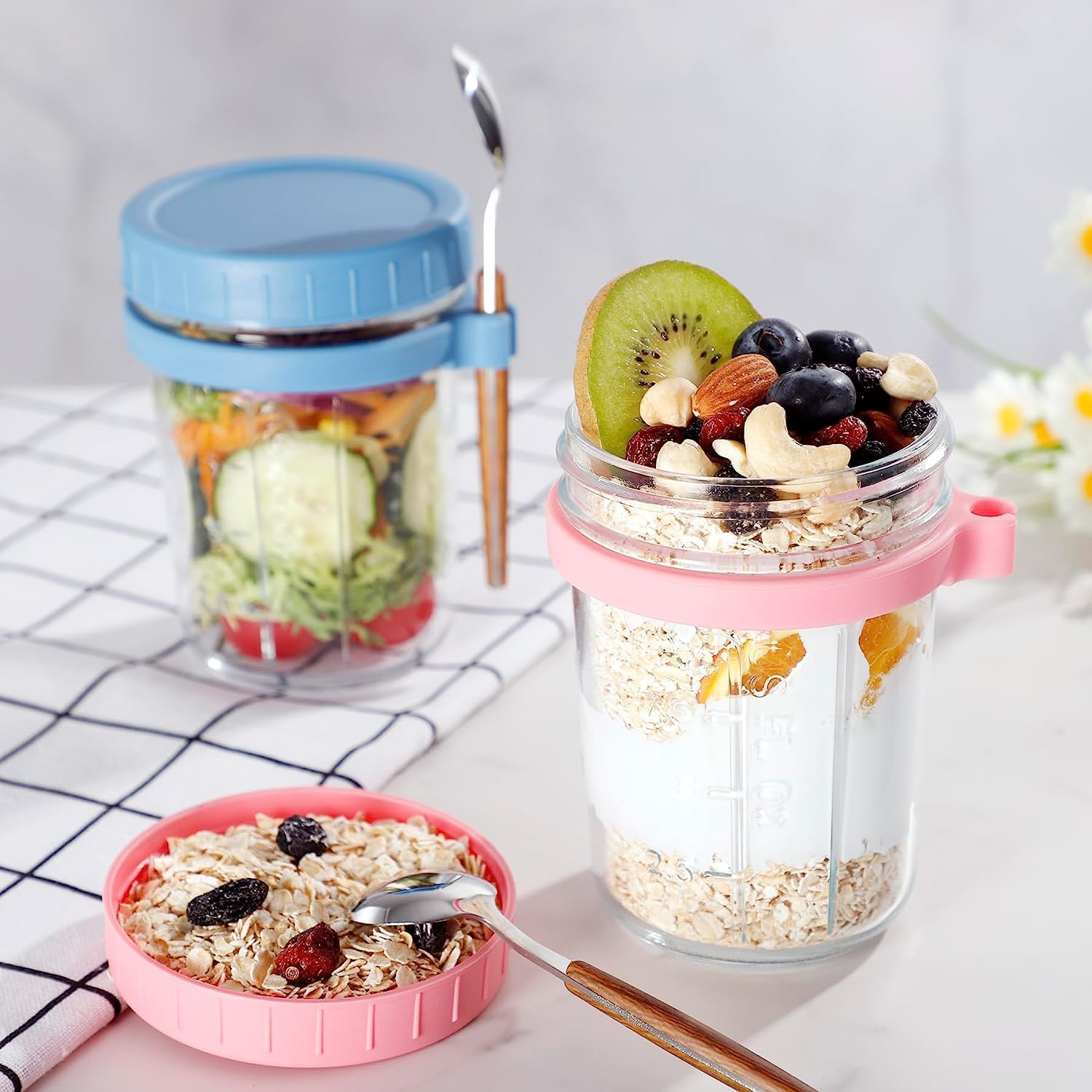 ALINK 4 Pack Overnight Oats Containers with Lids and Spoons, 16 Oz Large Capacity Glass Mason Jars with Airtight Lid for Overnight Oats Meal Yogurt Chia Pudding Fruit Cereal Oatmeal Reusable Jars image number 3