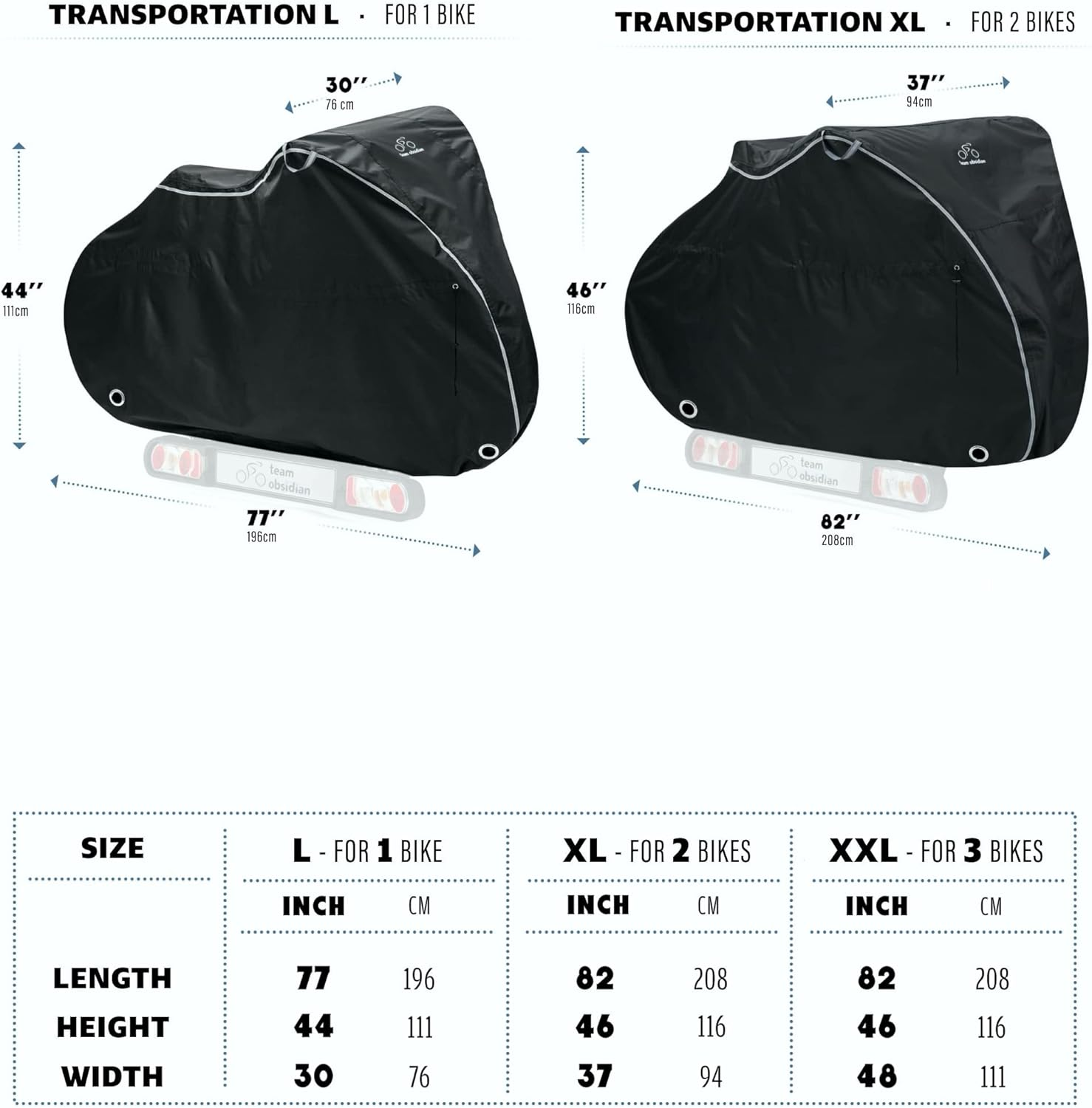 Team Obsidian: Bike Covers | Outdoor Storage or Transportation/Travel | Waterproof, Heavy Duty, 600D Oxford Ripstop | L, XL, XXL for 1,2 or 3 Bikes | Electric Bike Compatible image number 1