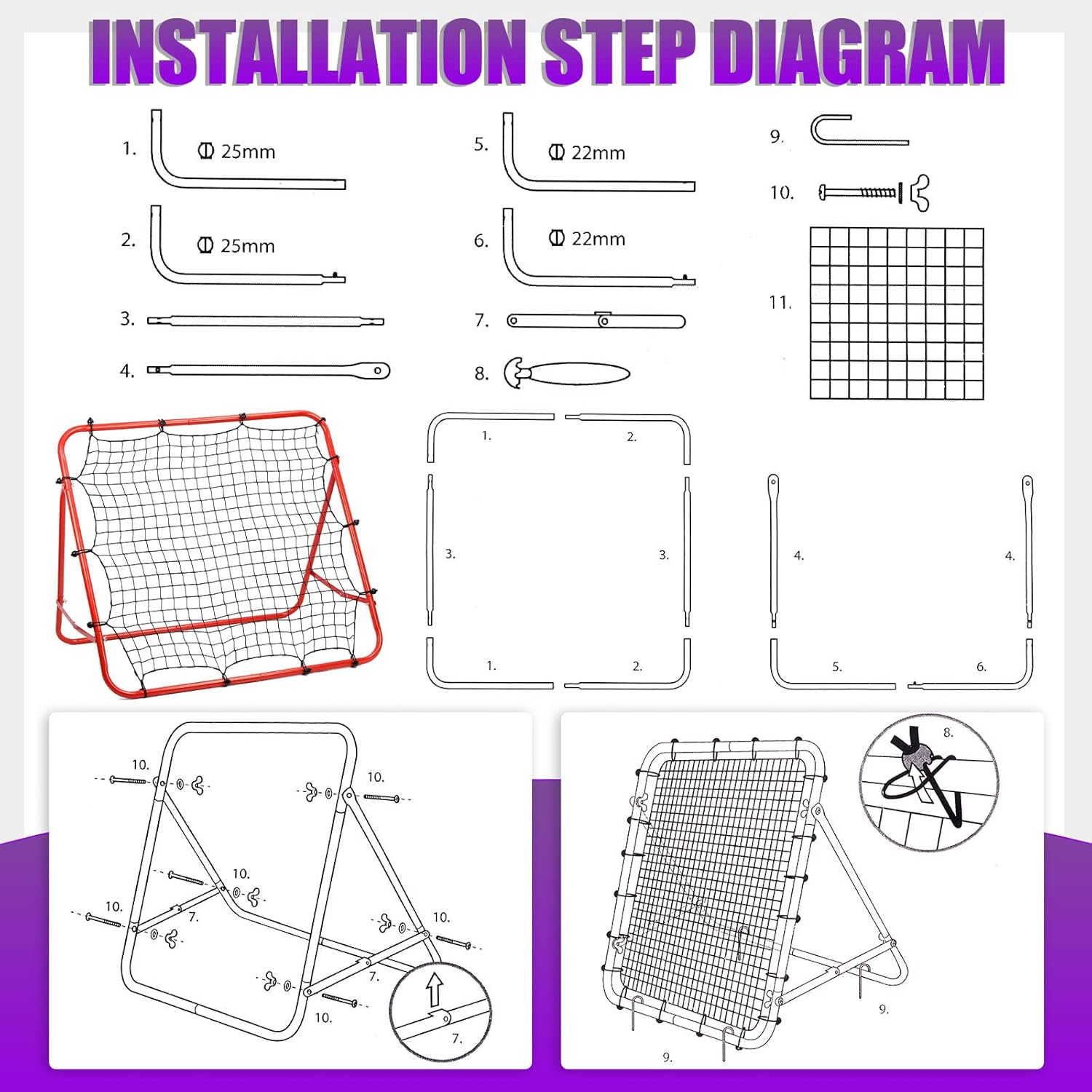 Swpeet Duarble Foldable Football Training Rebounder Net with Thickened Tube and Rope Assortment Kit, Training Soccer Kickback Target Goal Net Perfect for Backyard Soccer Practice and Soccer Training image number 1