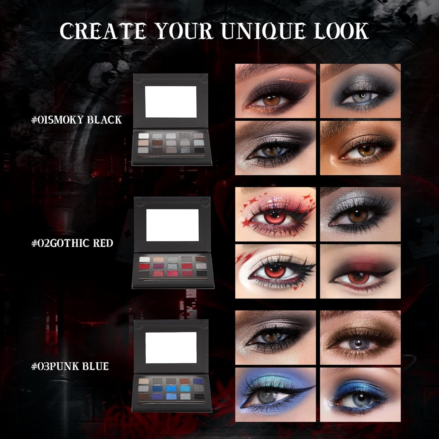 VANERIA Black Smokey Eye Shadow Palette,15 Colors Matte Glitter Metalli Eyeshadow Palette,Long Lasting Waterproof Pallete (Goth Red) - Goth Blue image number 6