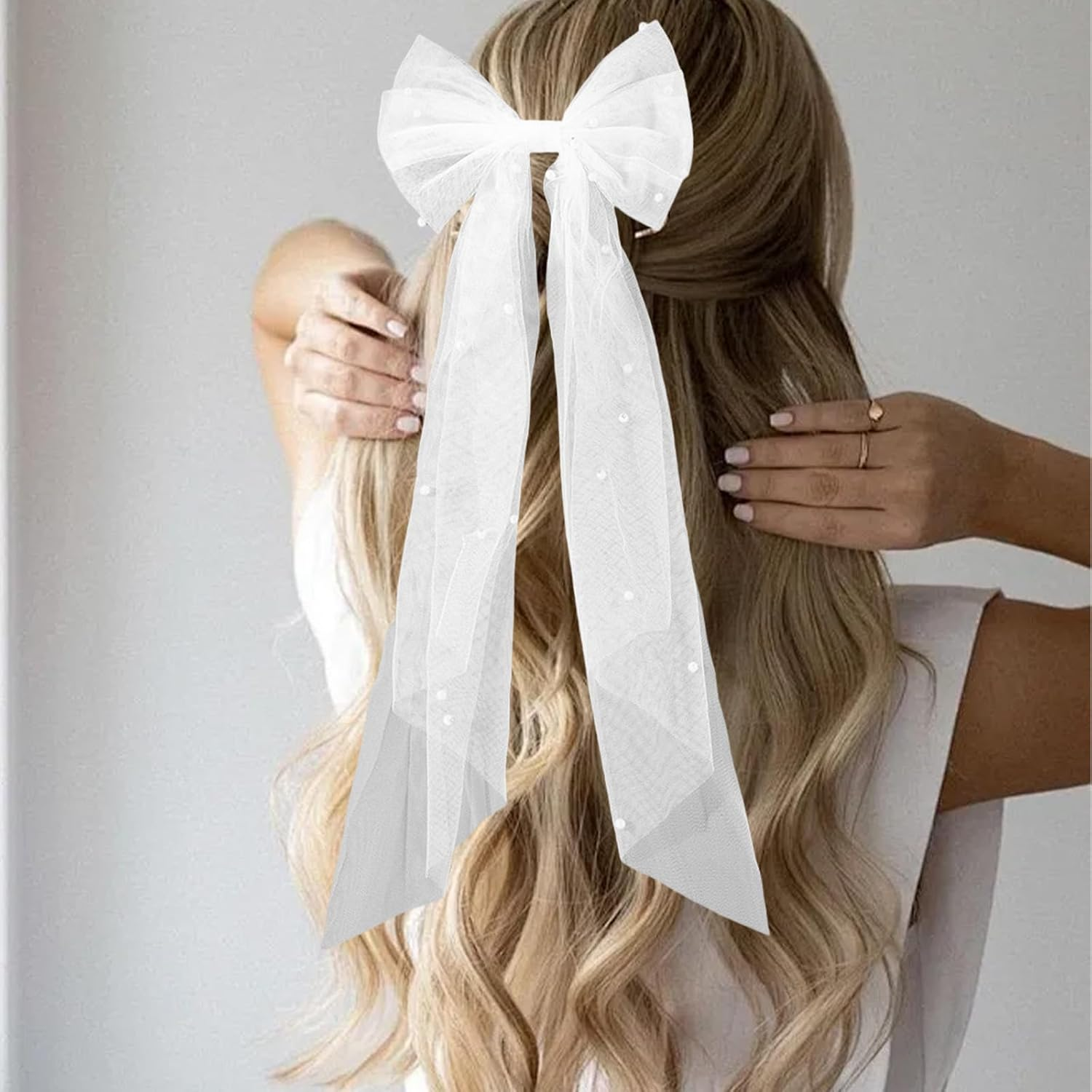 AYNKH 2Pcs Bridal Hair Bow Veil Pearl, White Bow Hair Clips Bridal Sweet Hair Accessories for Women Girls Birthday Shower Bridal Party