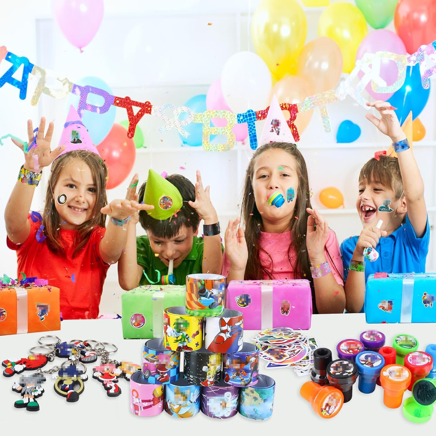 Pack of 84 Hedge-Hog Party Bags, Soni Children'S Birthday Party Bags, 12 Slap Bracelets Clap Bracelets, 12 Stamps, 50 Stickers, 10 Key Chains, Soni Birthday Gift Decoration image number 6