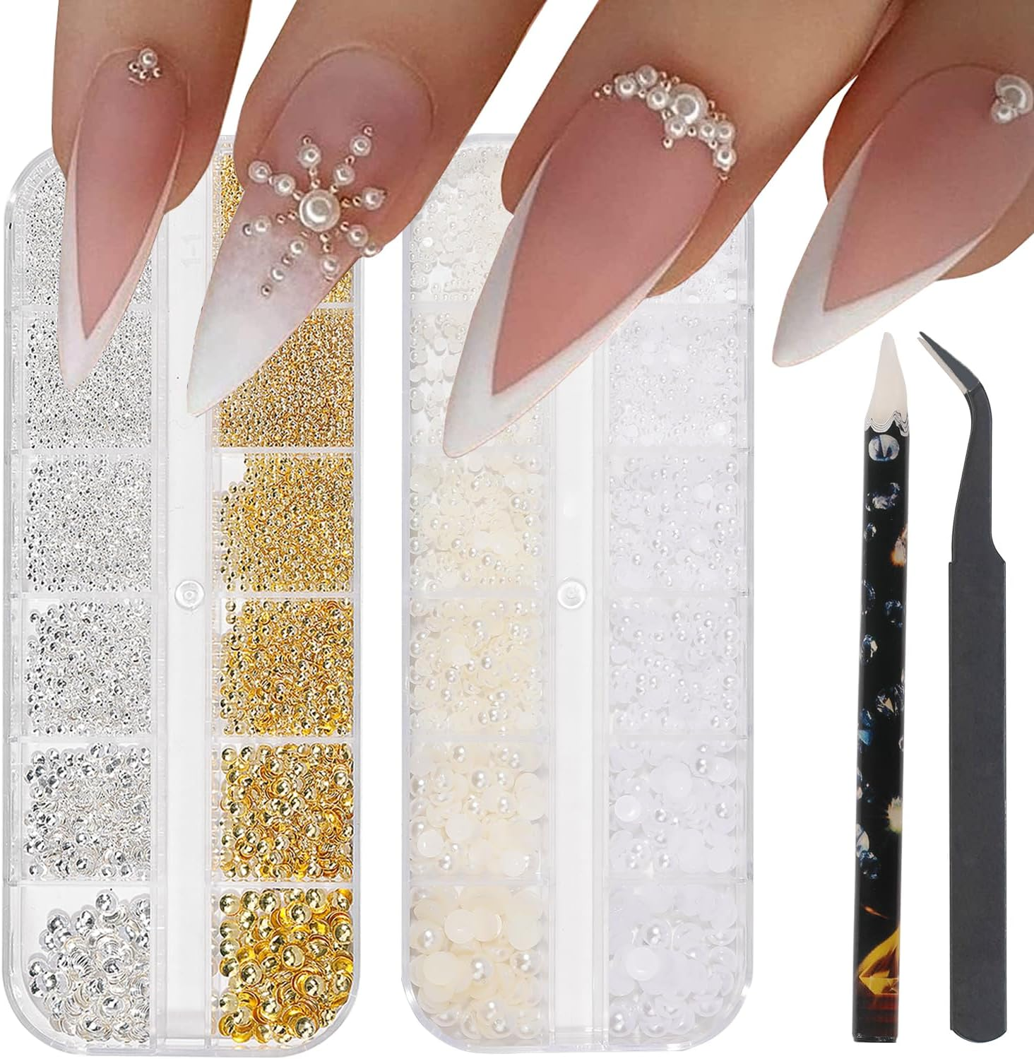 HNUIX Nail Art Charms - Metal Silver & Gold Beads, Flat Back round Rhinestones, Small Nail Pearls, 3D Mixed Sizes Decorations for Nails