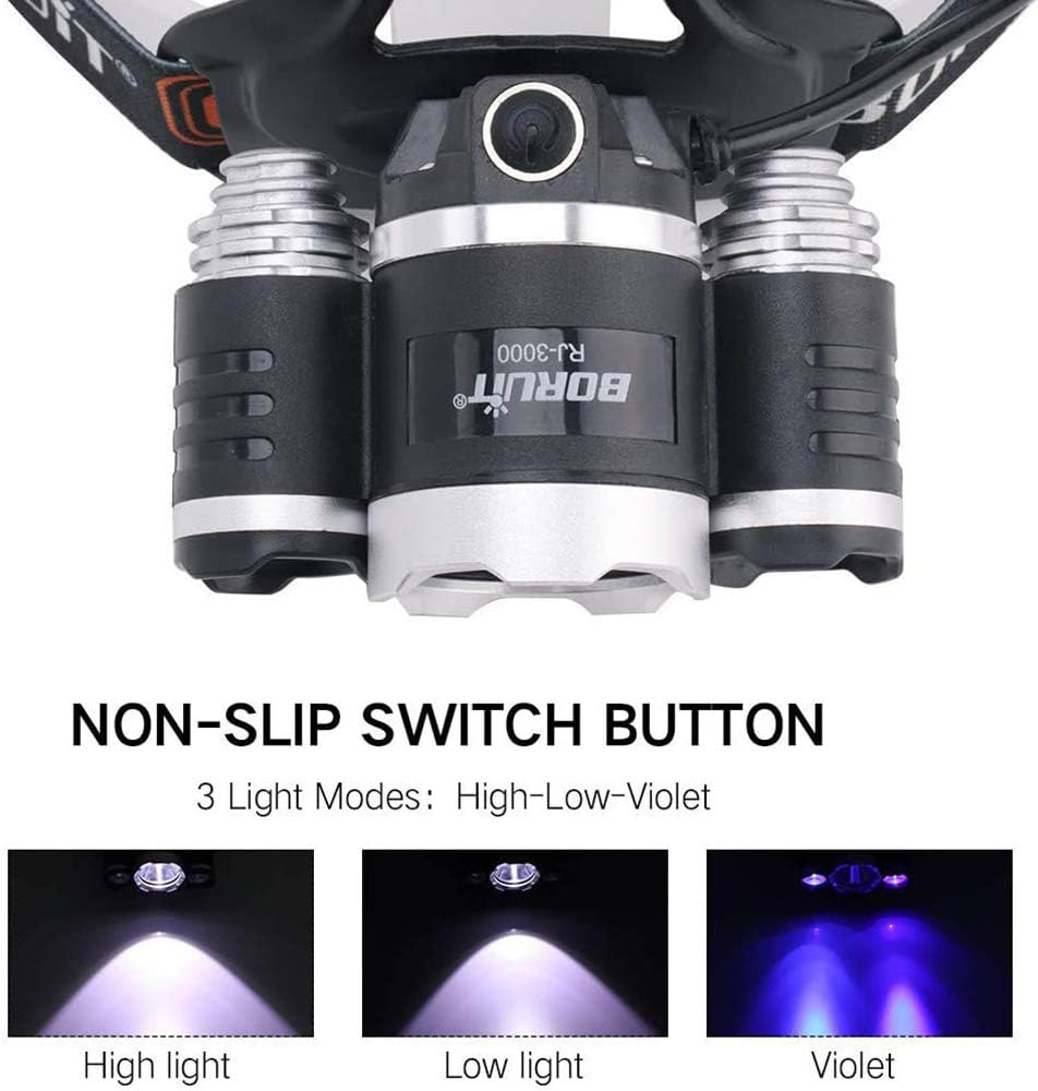 LED Light Headlamp - 5000 Lumens Rechargeable Blacklight Headlight for Night Fishing, Scorpions Hunting, Auto Oil and HVAC Leaks, Detect Fake Money/Jewelry/Pet Urine Stains (Uv+White Light) image number 3